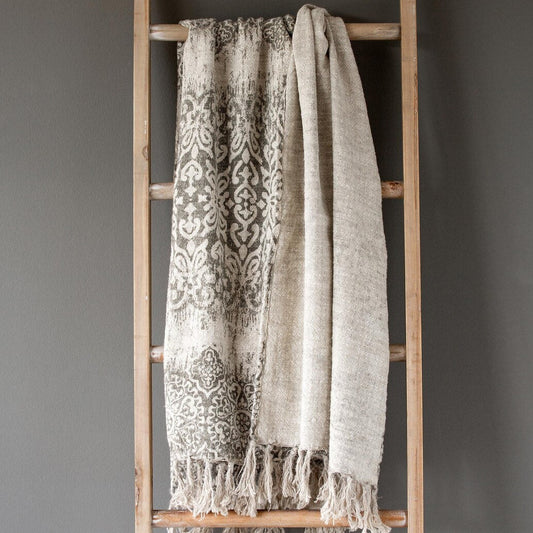 Soft Grey Vintage Printed Linen Throw