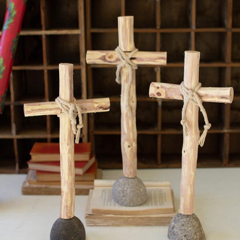 Set of 3 Recycled Wood Crosses on Rock Base
