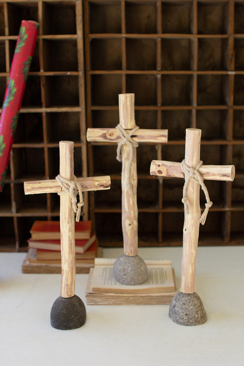 Set of 3 Recycled Wood Crosses on Rock Base
