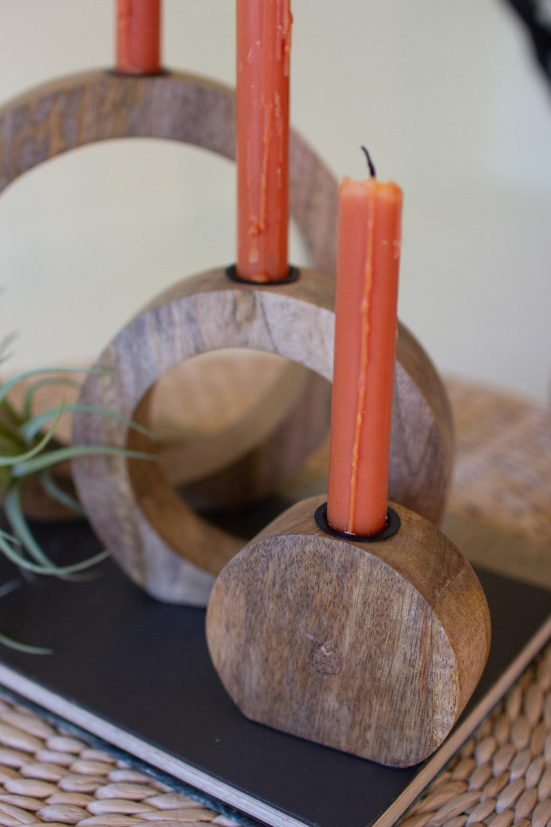 Set of 3- Circle Mango Wood Taper Candle Holders