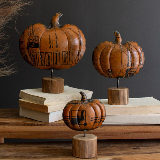 Set of 3 Recycled Metal Pumpkins on Wooden Bases