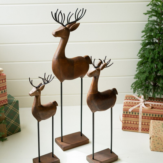 Set of 3 Carved Wood and Iron Reindeer on Bases