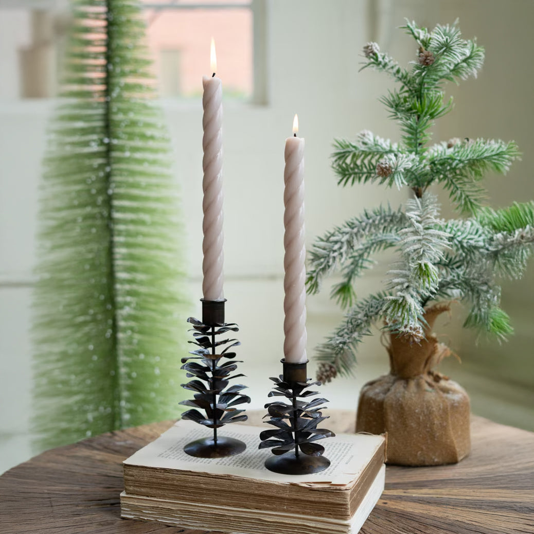Antique Brown Metal Pinecone Taper Holders