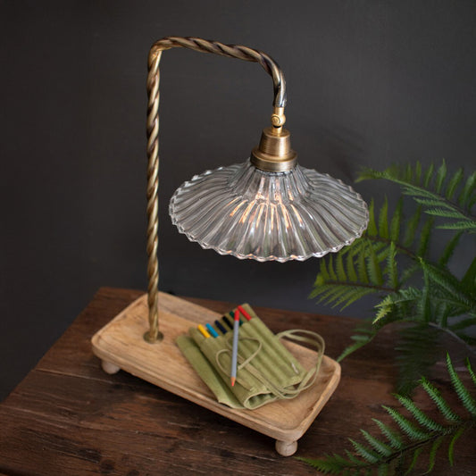 Gooseneck Table Lamp with Wooden Tray Base and Glass Shade