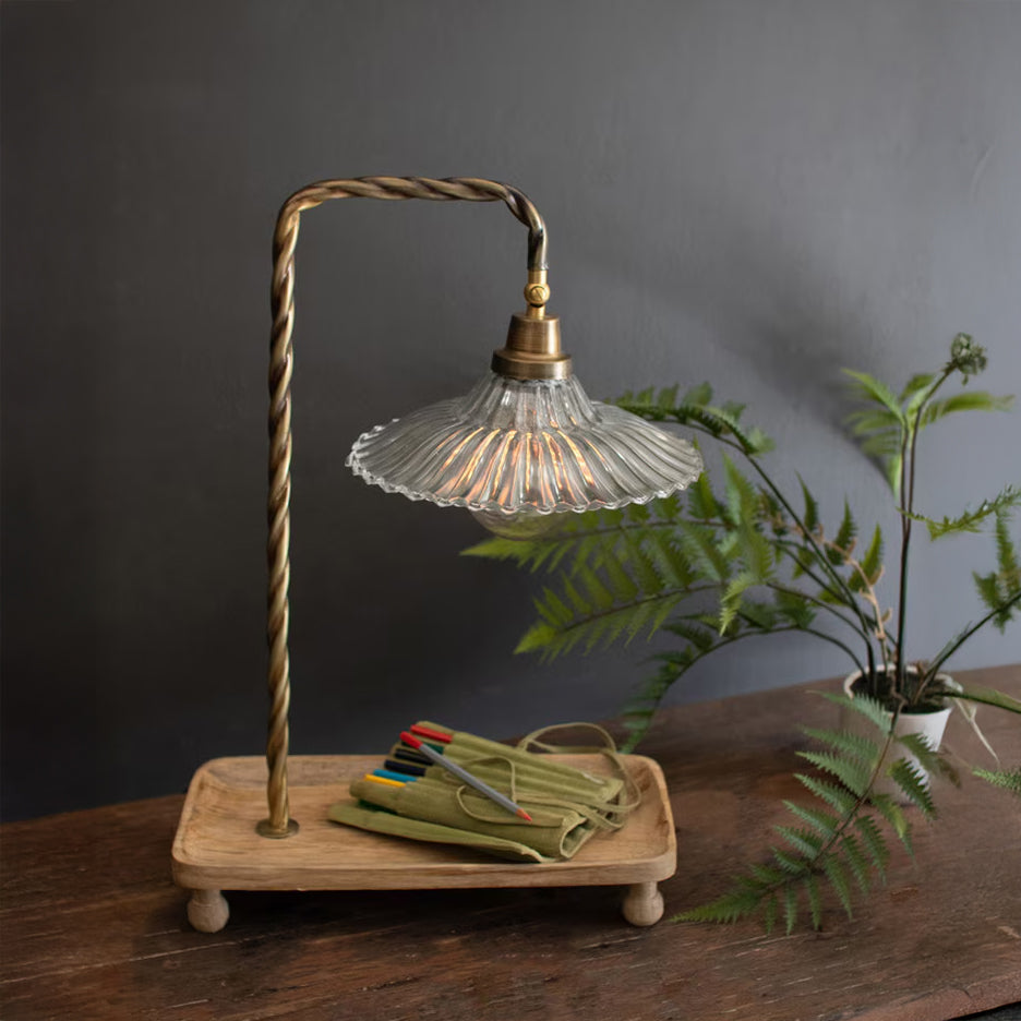 Gooseneck Table Lamp with Wooden Tray Base and Glass Shade