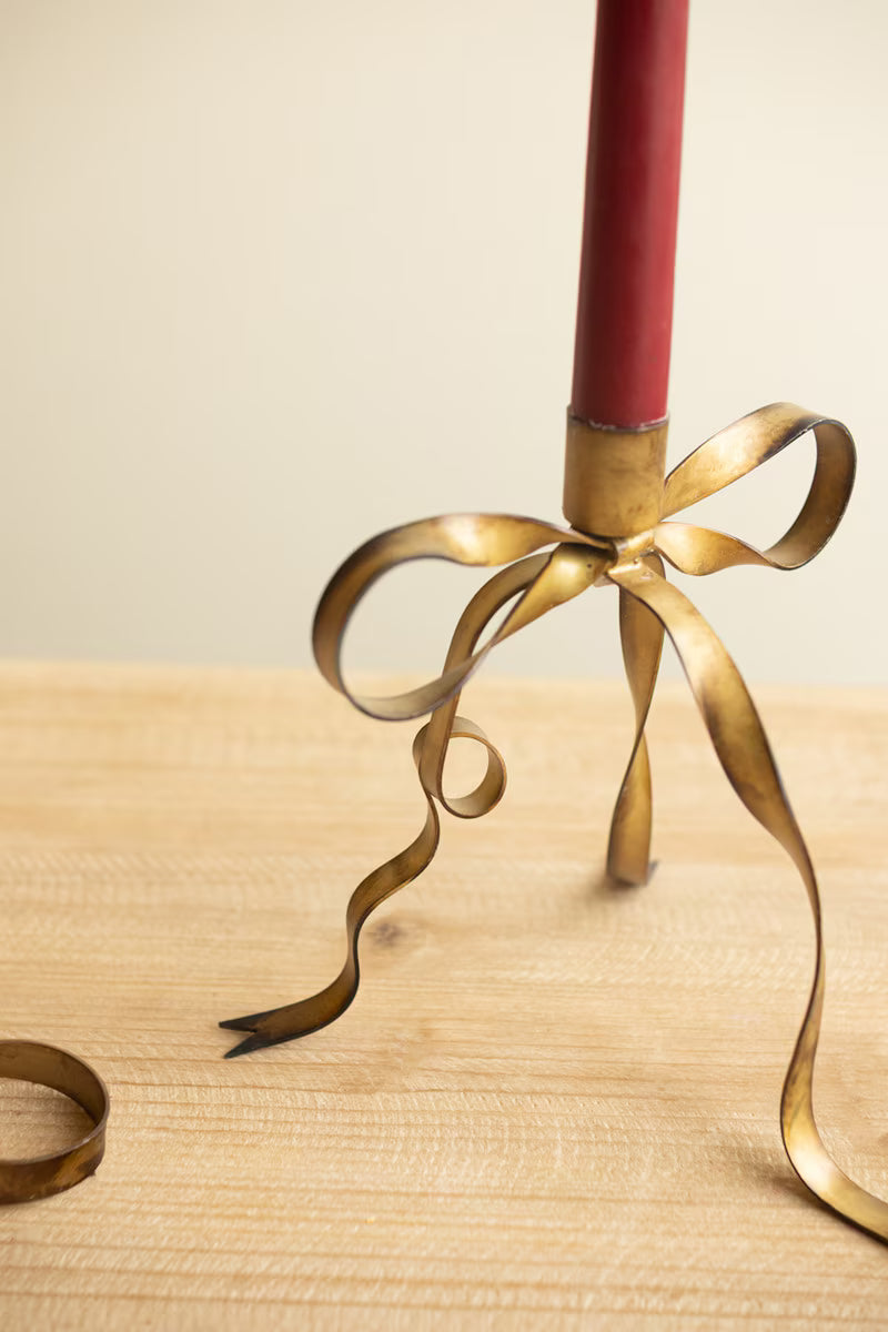 Antique Brass Bow Taper Candle Holder | Two sizes