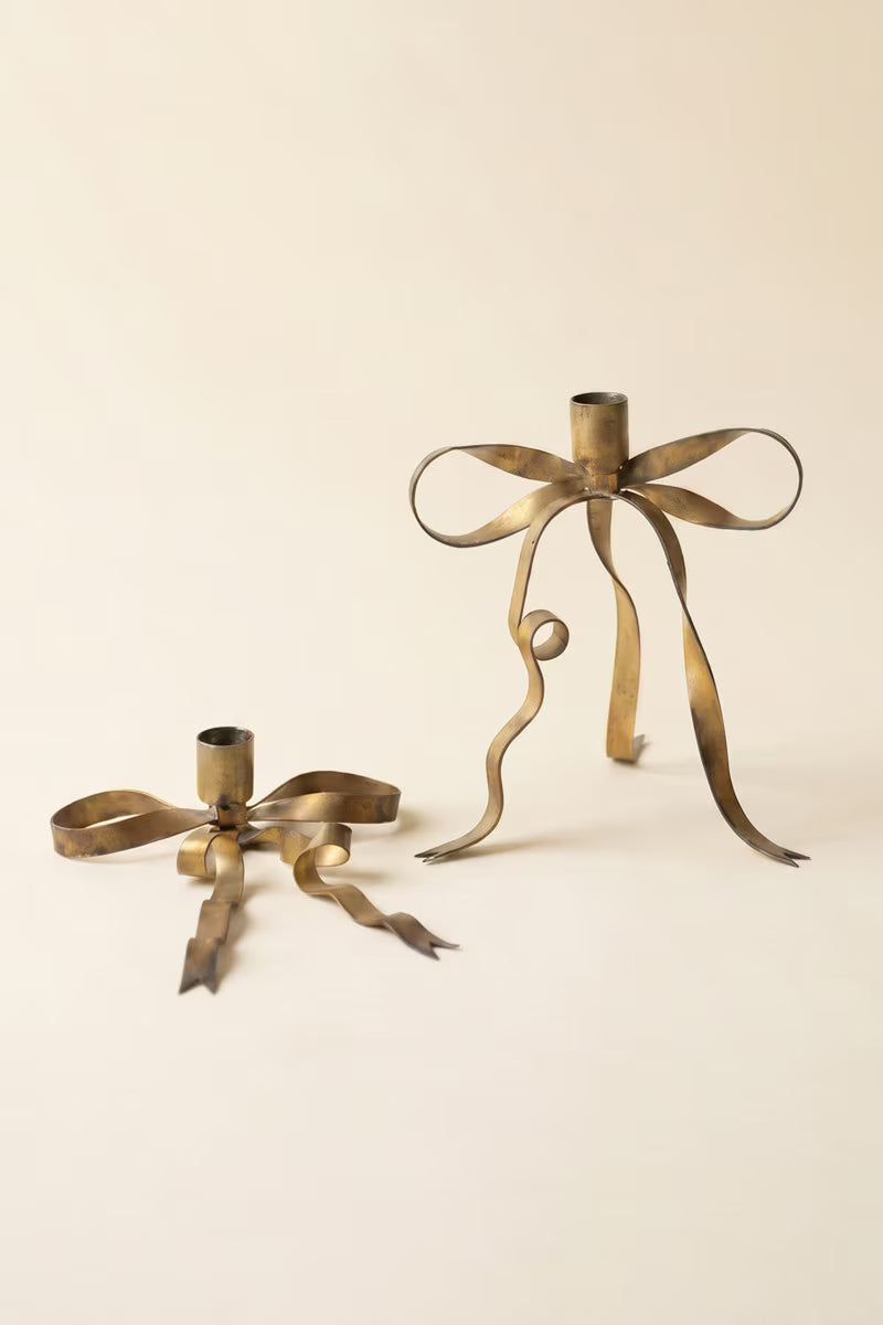 Antique Brass Bow Taper Candle Holder | Two sizes