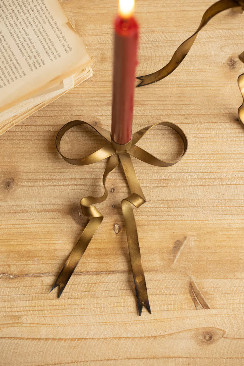 Antique Brass Bow Taper Candle Holder | Two sizes