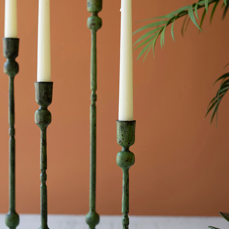 Forged-Iron Green Patina Taper Candle Holders