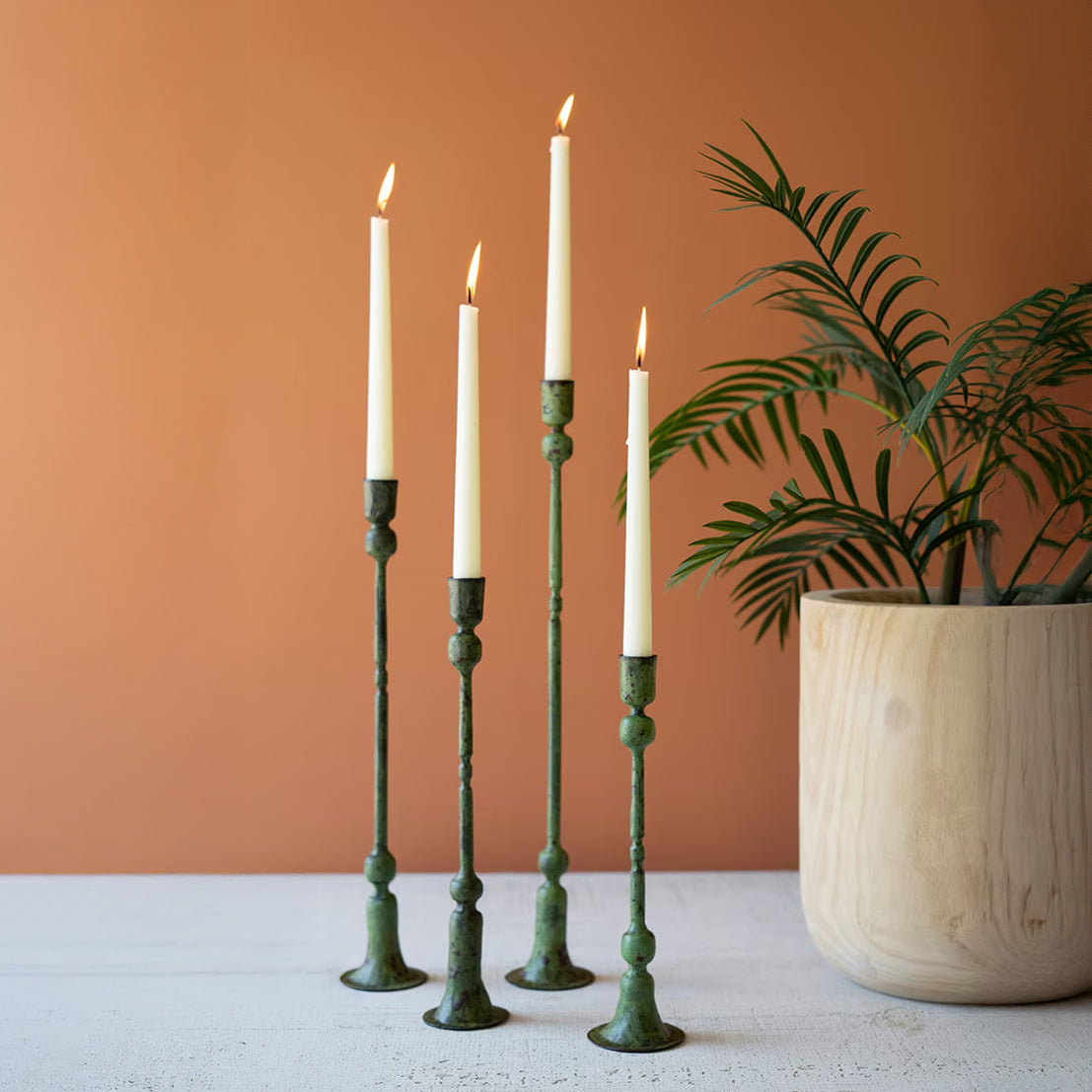 Forged-Iron Green Patina Taper Candle Holders