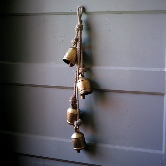 Four Rustic Iron Hanging Bells with Rope