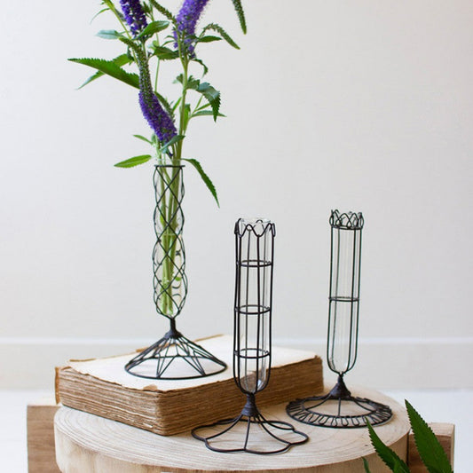 Set of 3 Wire Wrapped Glass Bud Vases