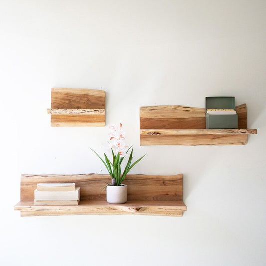 Set of 3 Acacia Wood Floating Wall Shelves