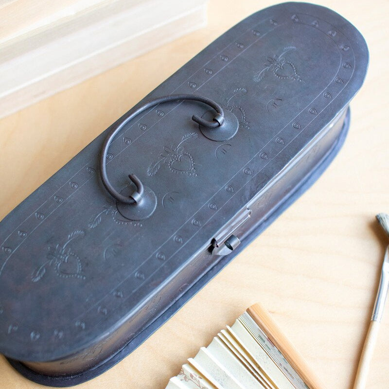 Hand-Etched Oval Iron Box with Hinged Lid
