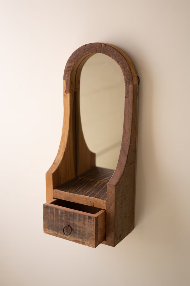 Arched Recycled Wood Framed Mirror with Drawer