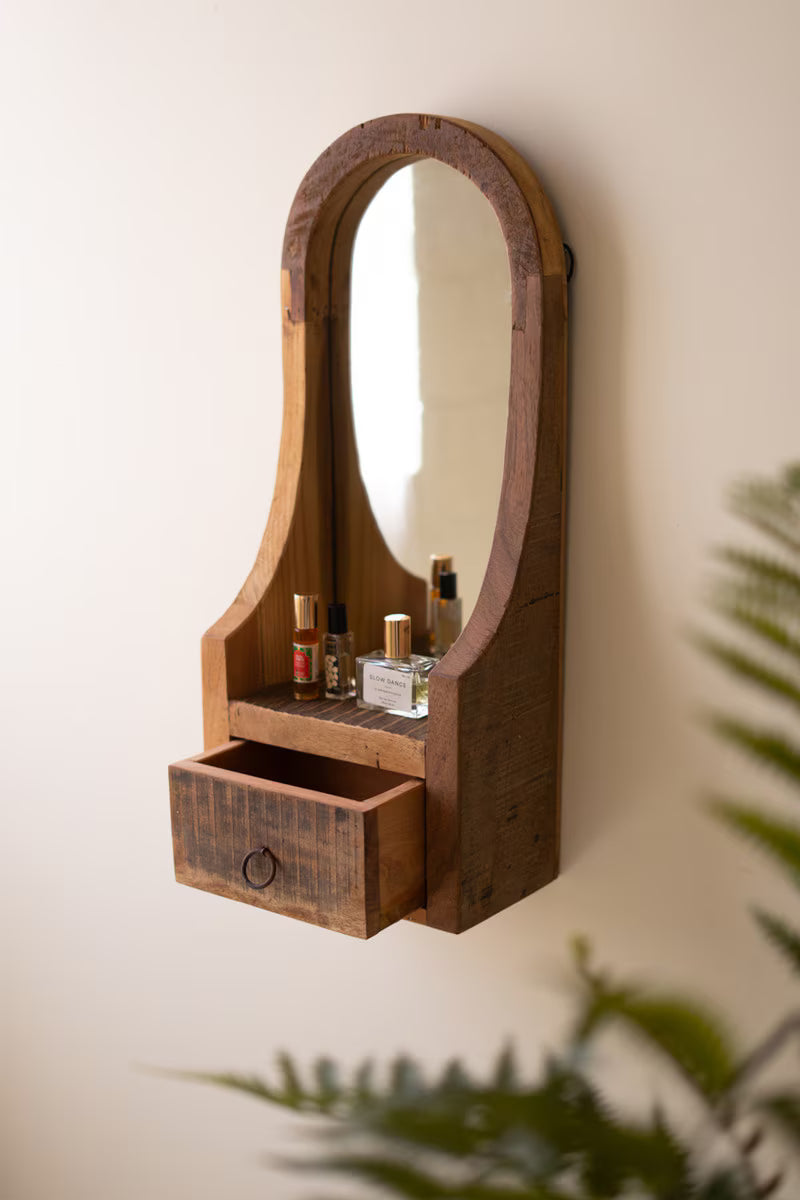 Arched Recycled Wood Framed Mirror with Drawer
