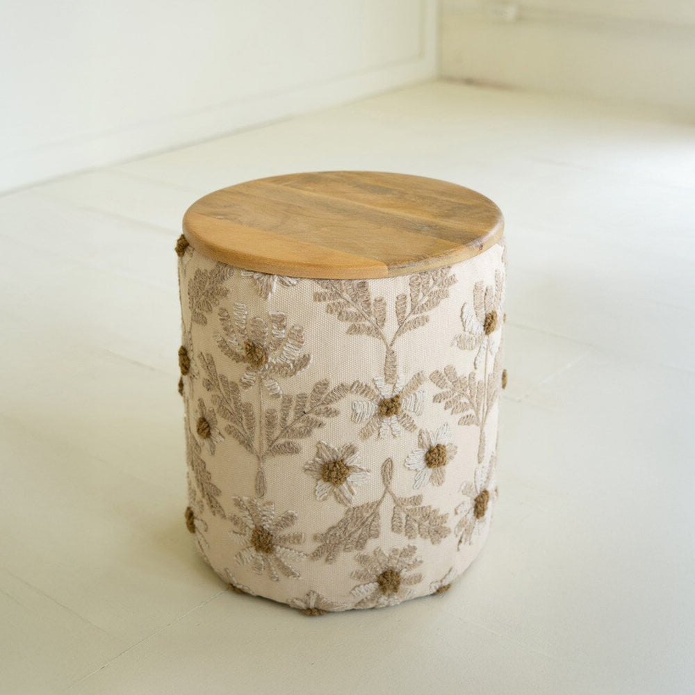Round Embroidery Accent Table with Mango Wood Top