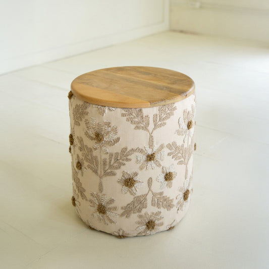 Round Embroidery Accent Table with Mango Wood Top