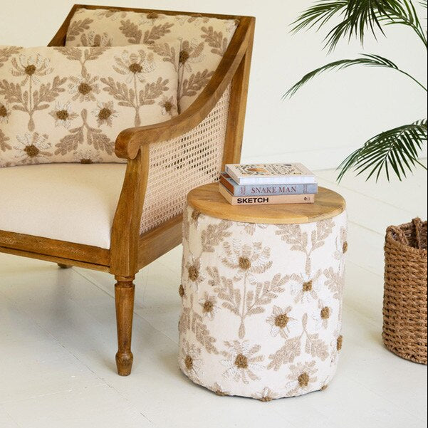 Round Embroidery Accent Table with Mango Wood Top
