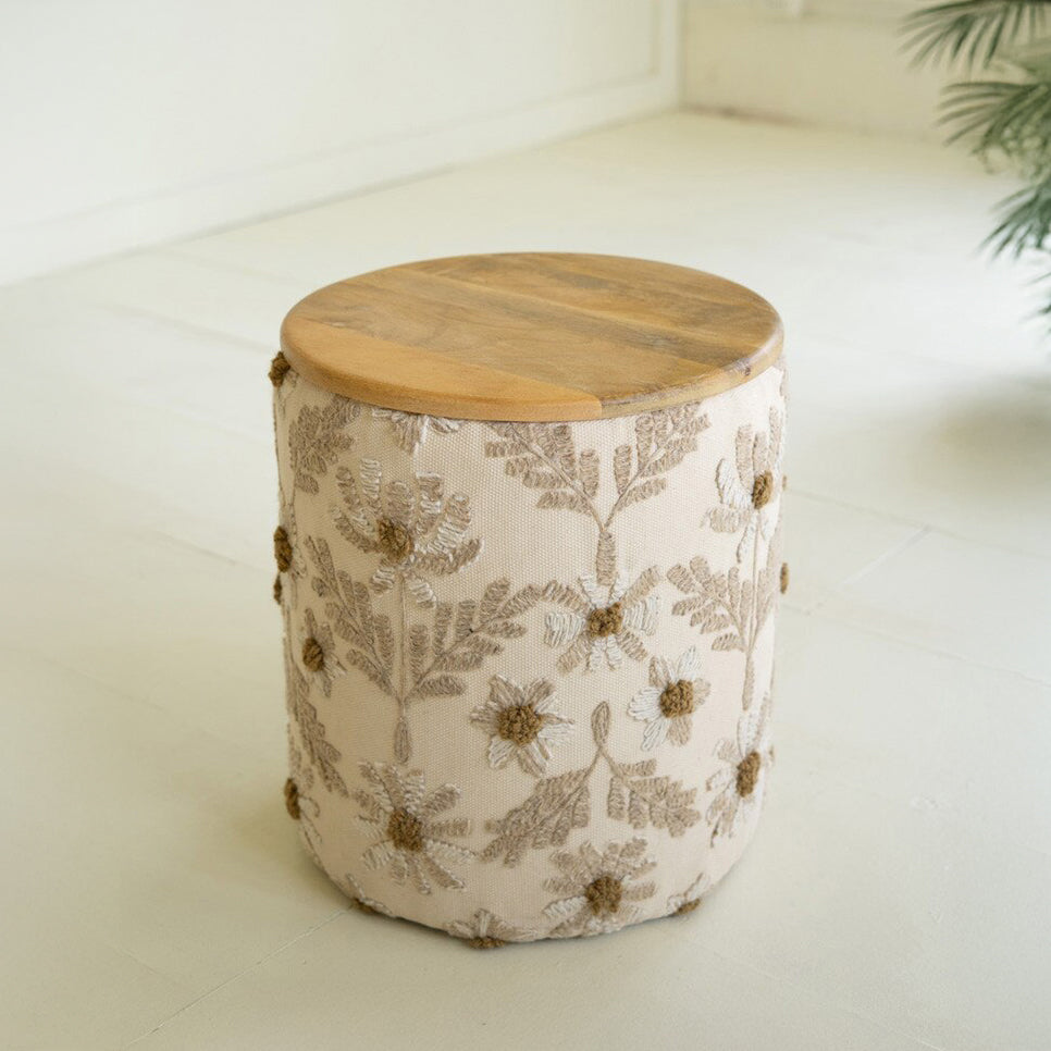 Round Embroidery Accent Table with Mango Wood Top