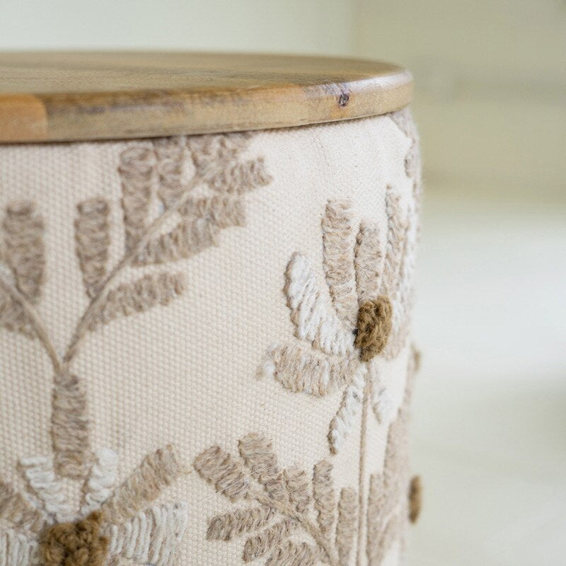 Round Embroidery Accent Table with Mango Wood Top