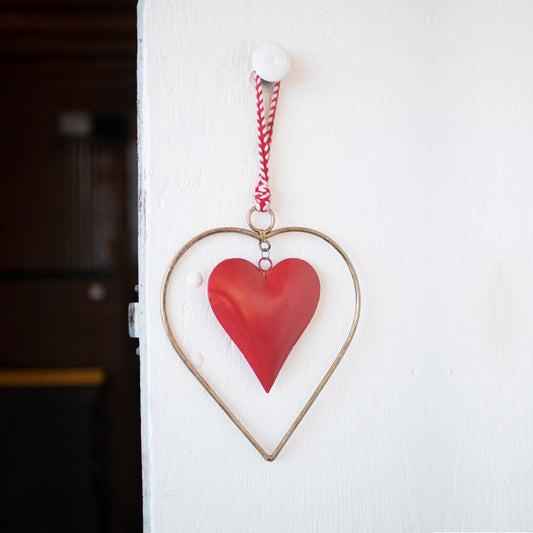 Antique Brass and Red Heart Door Hanger