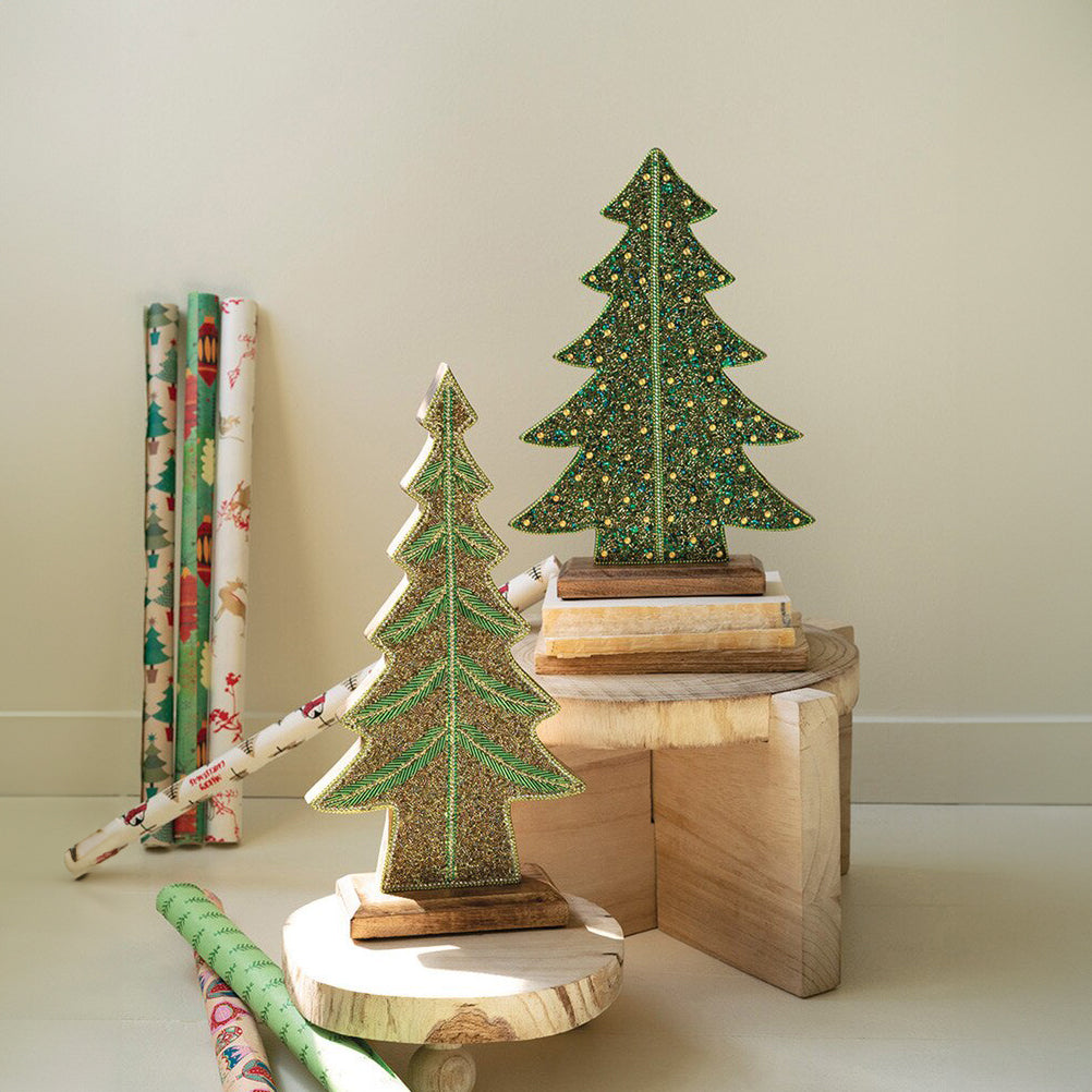 Set of 2 Beaded Wood Christmas Trees