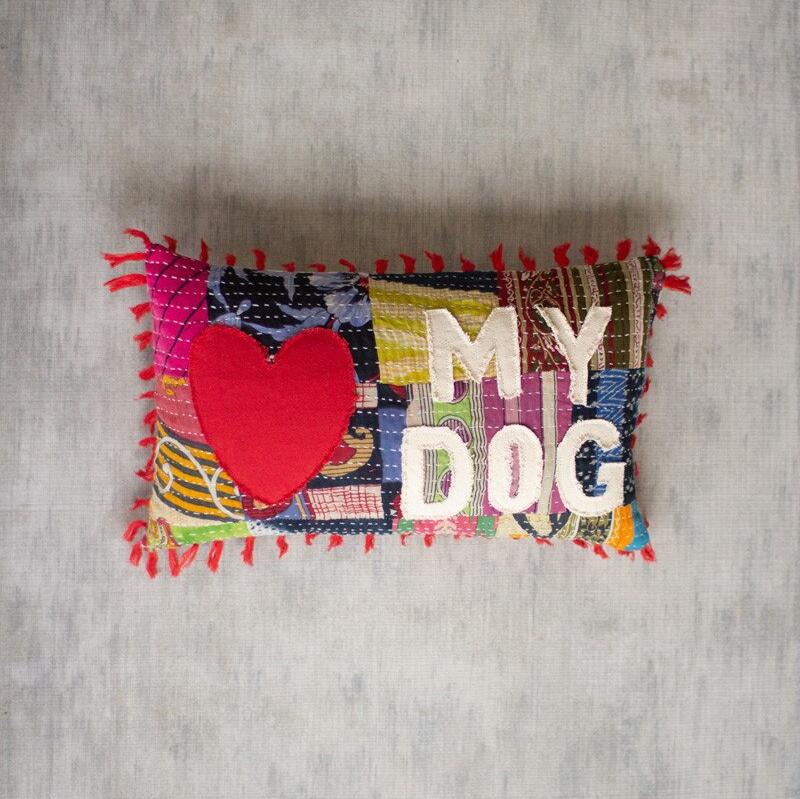 "Love My Dog" Kantha Pillow