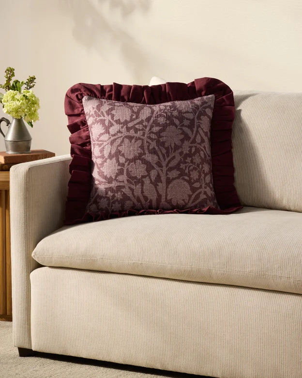 Kathleen Wine Floral Ruffle Edge Pillow by Loloi