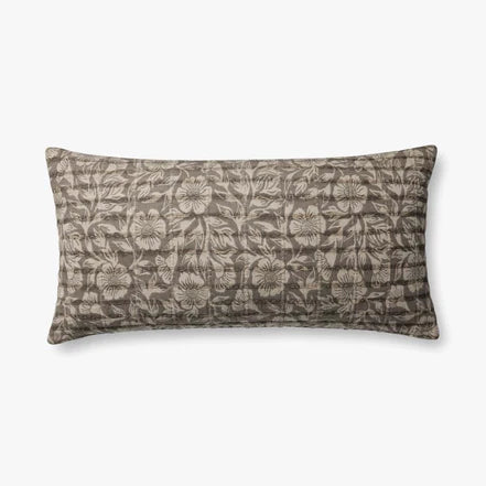 Brown Floral Lumbar Pillow w/ Stitched Detail by Loloi