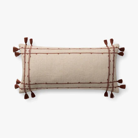 Linen Beige Rust Lumbar Pillow with Tassels