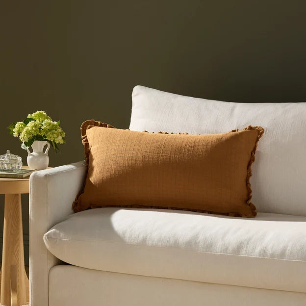 Dinah Grid Clay Ruffle edge Lumbar Pillow by Loloi