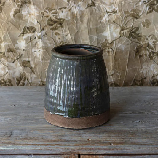 Aged Olive Dripped Glazed Pottery Vase