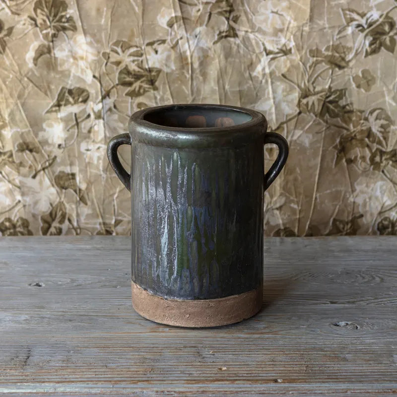 Aged Olive Dripped Glazed Pottery Crock
