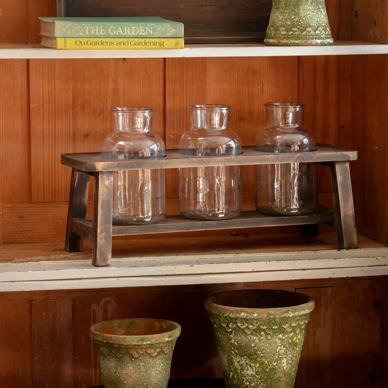 Wooden Flower Stand With 3 Glass Bottles