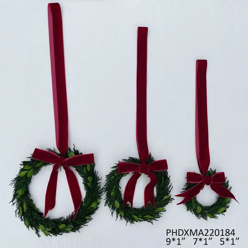 Boxwood Wreath w/ Burgundy Ribbon