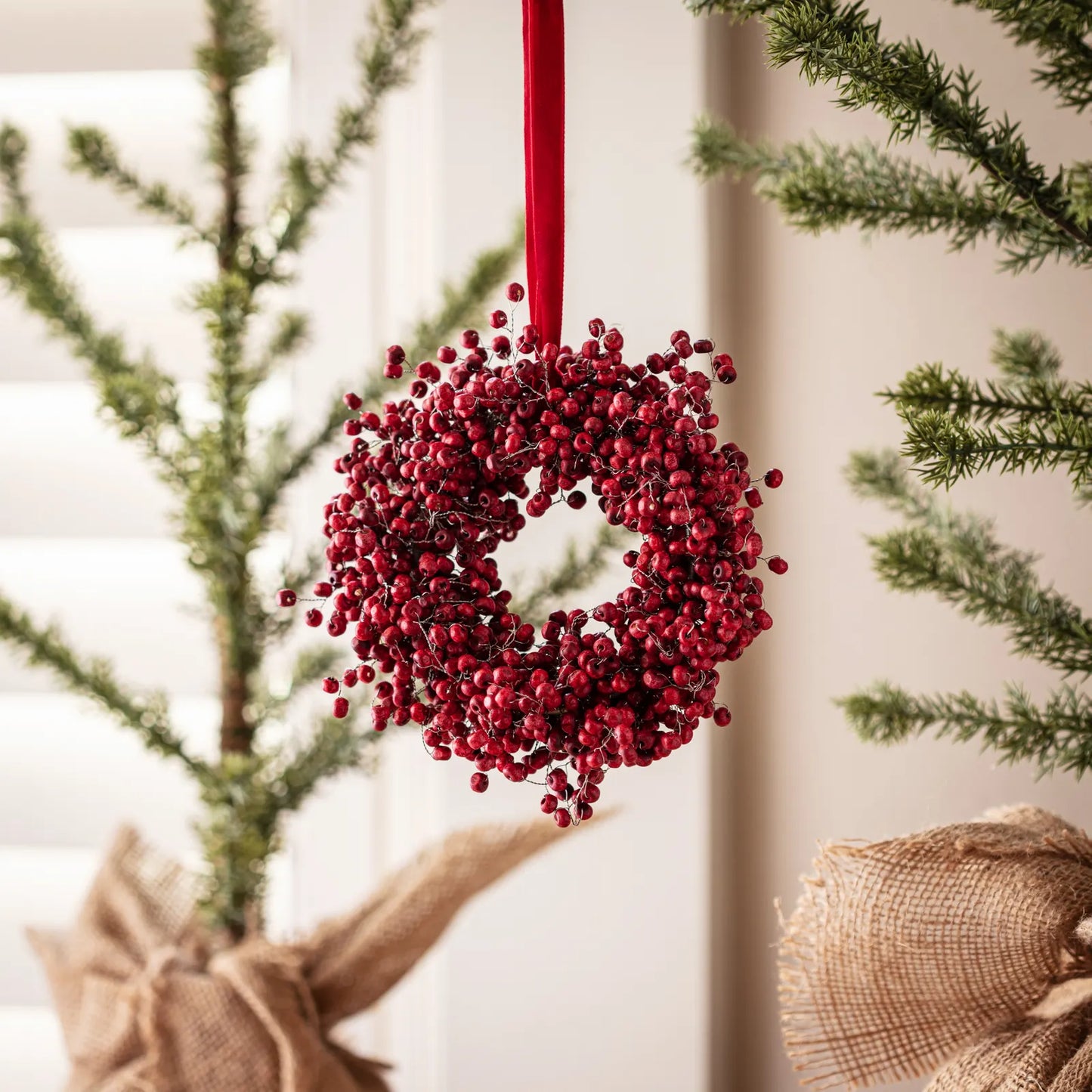 Red Berry Wreath Ornament with Velvet Hanger