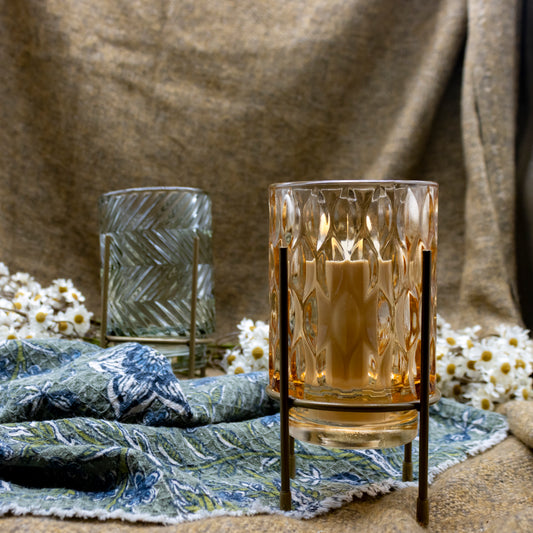 Patterned Glass Candle Holder on Metal Stand