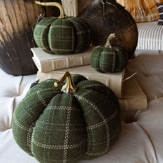 Green & Tan Plaid Fabric Pumpkin