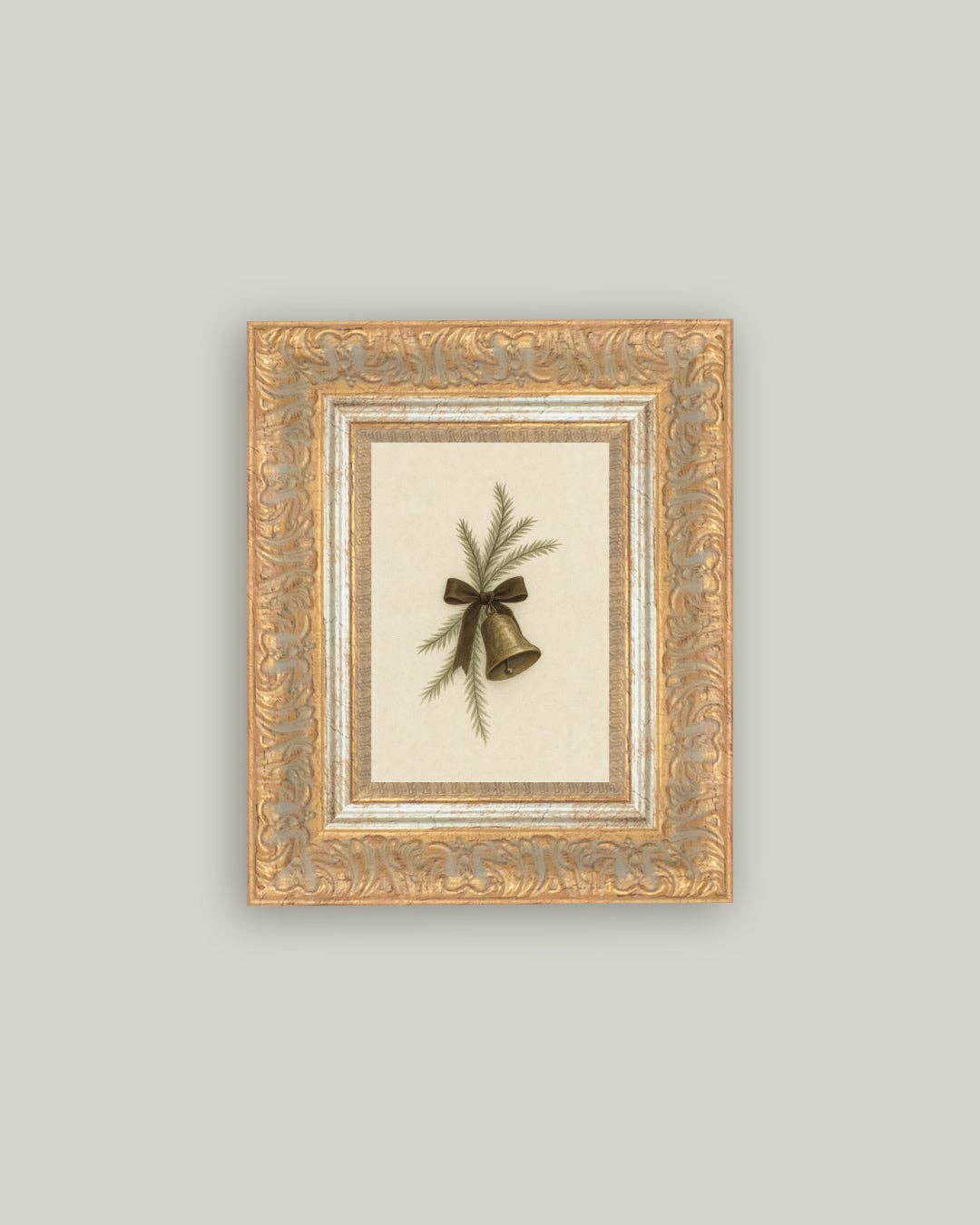 Gold Bell with Pine Framed Antique Art