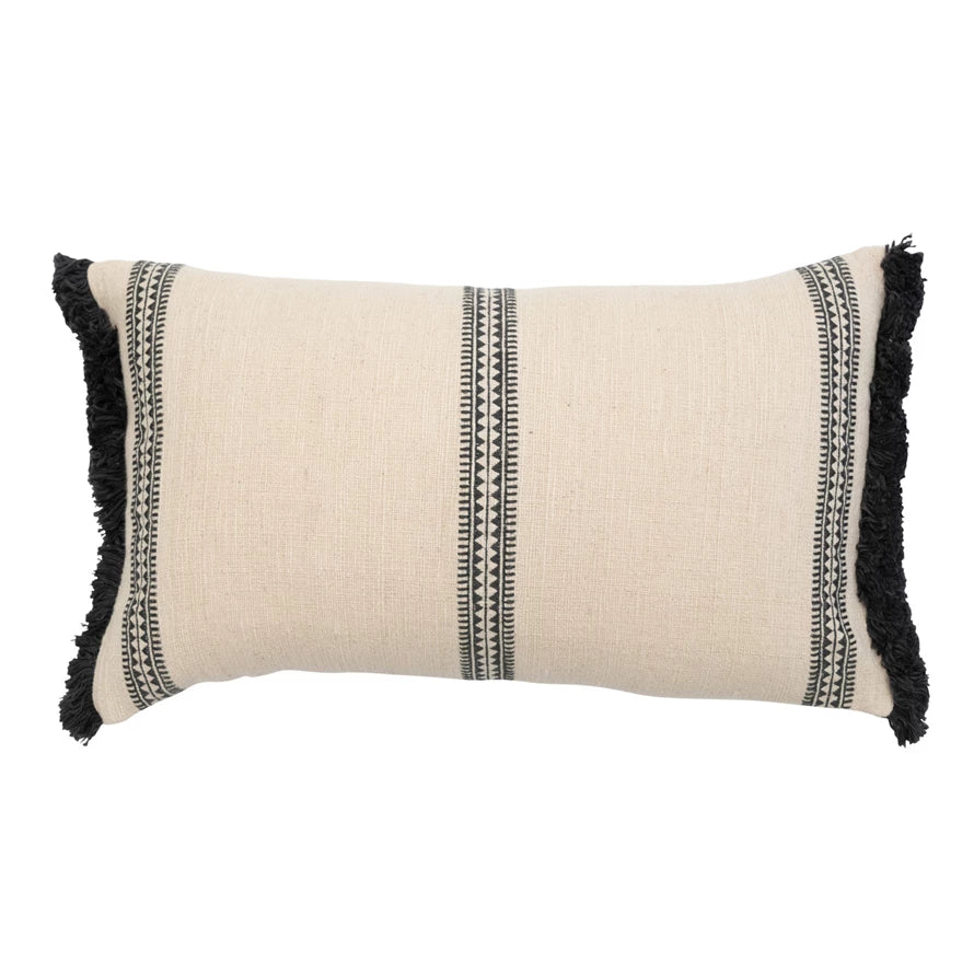 Cotton Slub Lumbar Pillow w/ Embroidered Stripes & Fringe