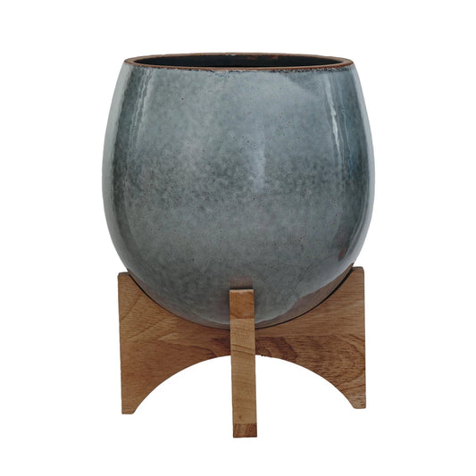Stoneware Planter w/ Wood Stand
