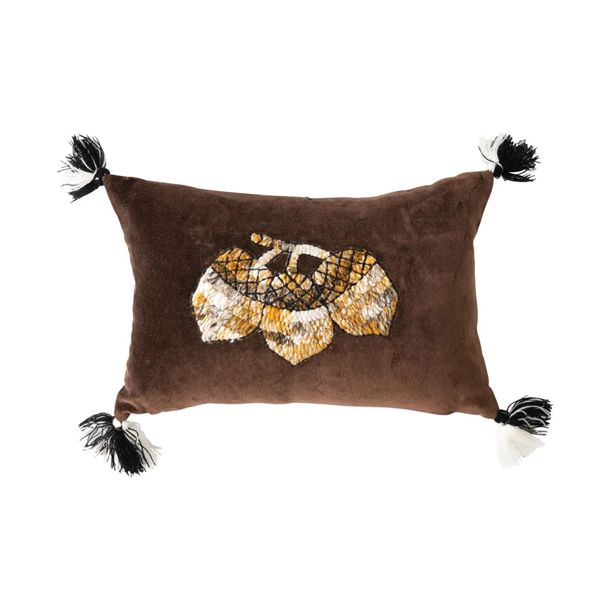 Pillow with Embroidered Acorns & Tassels