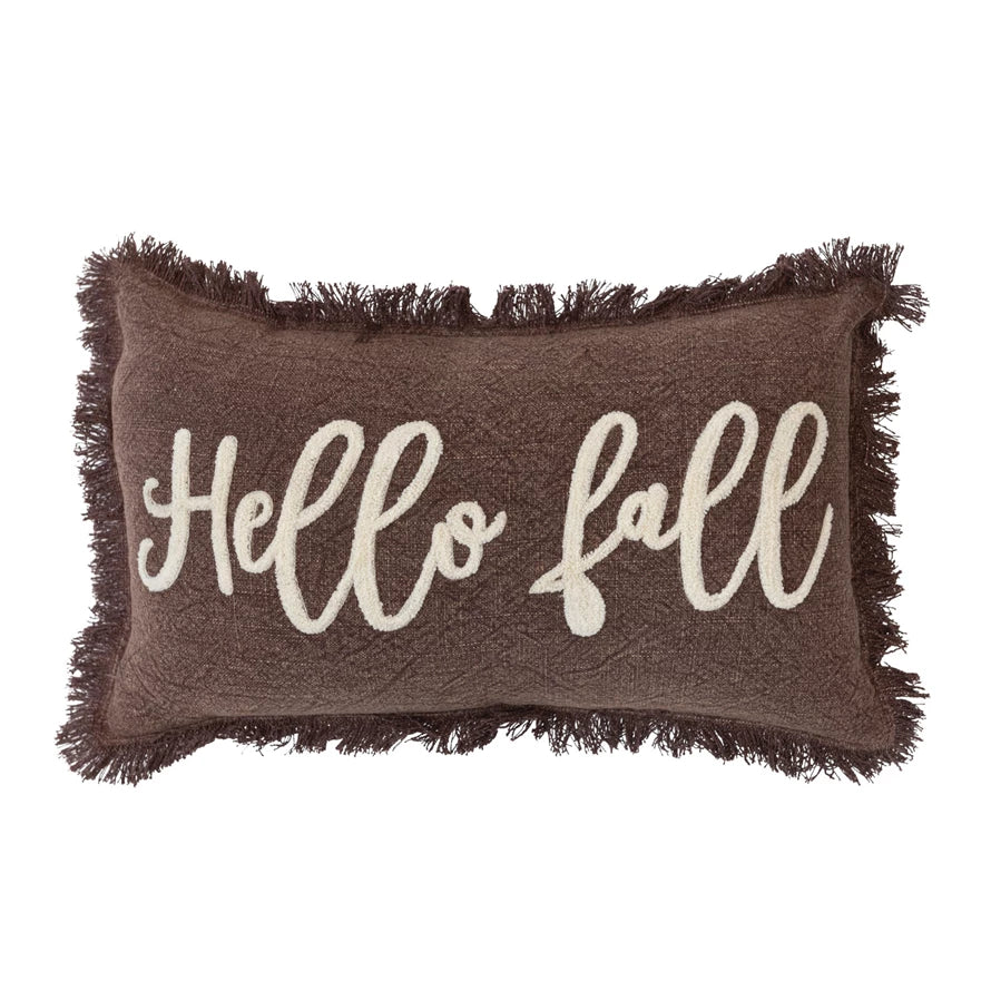 "Hello Fall" Tufted Lumbar Pillow with Fringe