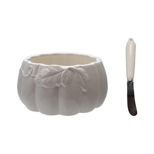 Ceramic Pumpkin Shaped Bowl with Canape Knife