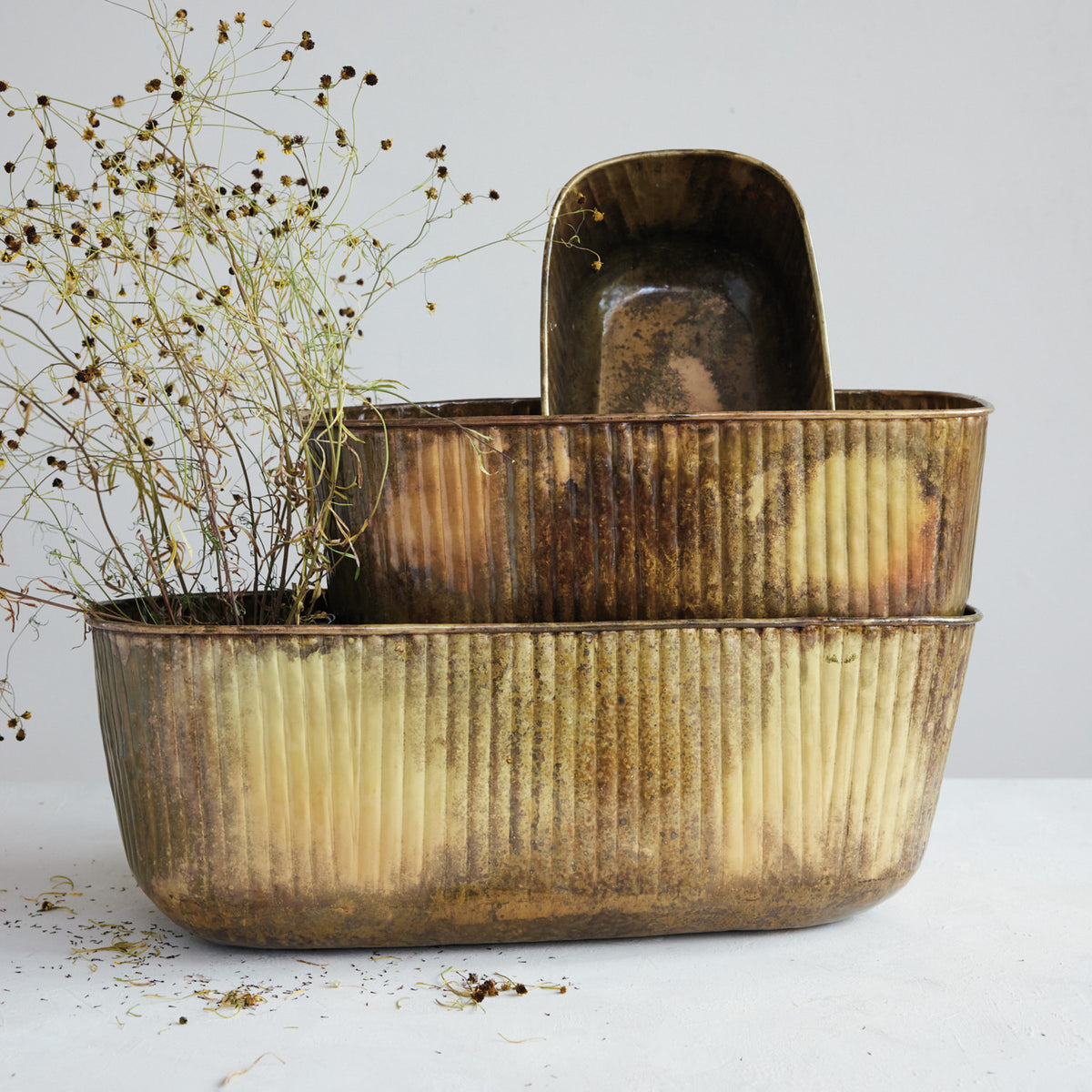 Metal Pleated Planters, Antique Brass Finish