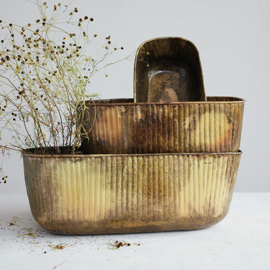 Metal Pleated Planters, Antique Brass Finish