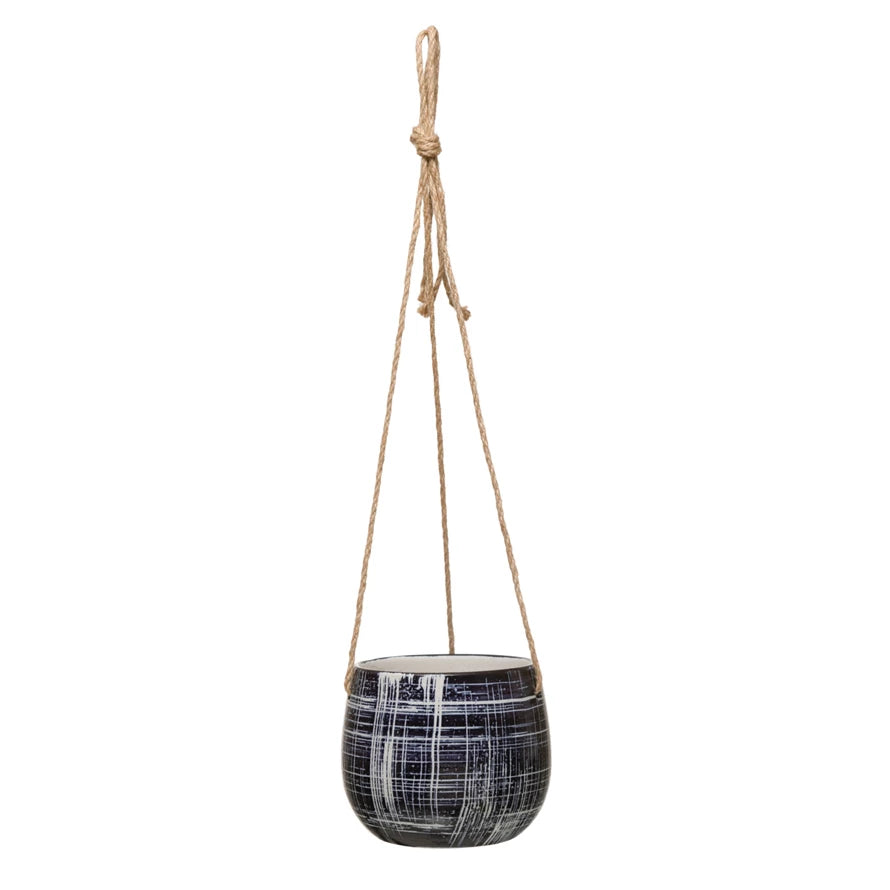Stoneware Planter with Pattern and Jute Hanger