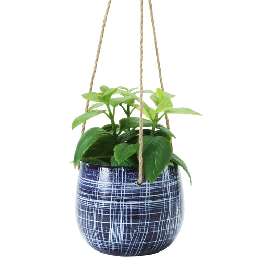 Stoneware Planter with Pattern and Jute Hanger