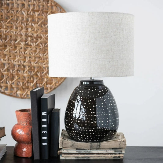 Black Stoneware Table Lamp w/ White Dots